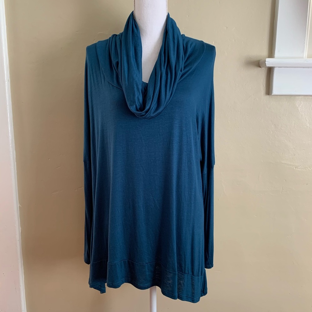 LUX USA Teal Cowl Neck Soft Jersey Stretchy Knit Tunic Top, Small